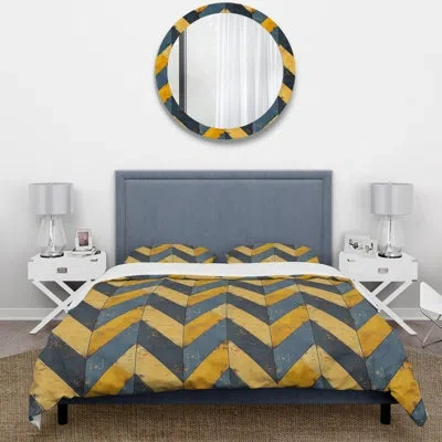 Design Art Blue Gold Glamour Chevron Iii - Midcentury Duvet Cover Set In Blue;gold