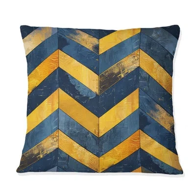 Design Art Blue Gold Glamour Chevron Viii - Midcentury Throw Pillow In Blue;gold