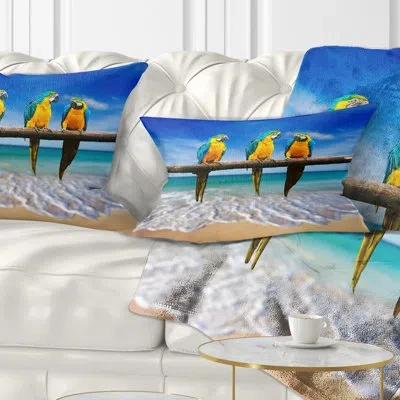 Design Art Blue Gold Macaws At Beach - Beaches Printed Pillow