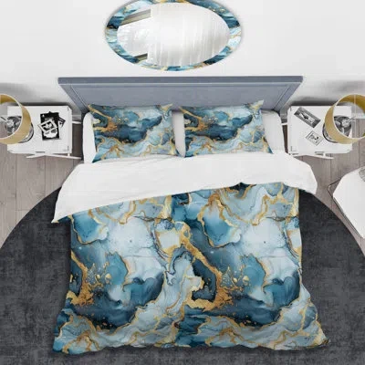 Design Art Blue Gold Marble - Marble Duvet Cover Set In Blue;gold