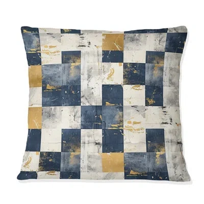 Design Art Blue Gold Midcentury Gingham I - Midcentury Throw Pillow In Blue;gold