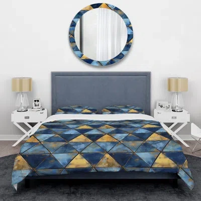 Design Art Blue Gold Modern Glam Triangles Vi - Modern Duvet Cover Set In Blue;gold