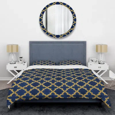 Design Art Blue Gold Modern Quatrefoil Iii - Modern Duvet Cover Set In Blue;gold