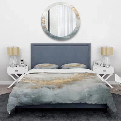 Design Art Blue Gold Ocean Storm V - Abstract Duvet Cover Set - Microfiber Polyester In Blue;gold