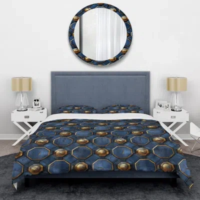 Design Art Blue Gold Octagon I - Modern Duvet Cover Set In Blue;gold