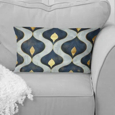 Design Art Blue Gold Ogee Patten Iv - Modern Lumbar Pillow In White;gold