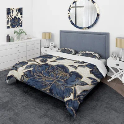 Design Art Blue Gold Peonies Symphony Iv Beddingmicrofiber / Polyester Duvet Cover Set In Blue;gold