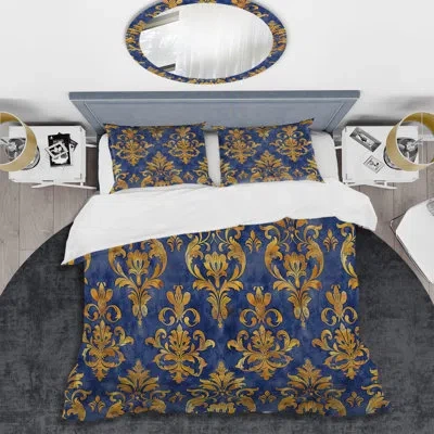 Design Art Blue Gold Royal Damask Glamour Ii - Transitional Duvet Cover Set In Blue;gold