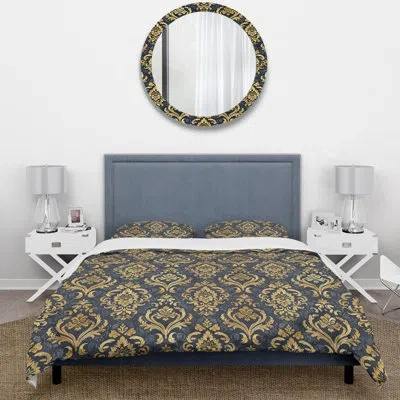 Design Art Blue Gold Timeless Damask Pattern I - Traditional Duvet Cover Set In Blue;gold