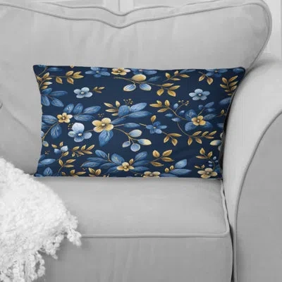 Design Art Blue Gold Traditional Floral Wreath Gardens I - Traditional Lumbar Pillow In Blue;gold