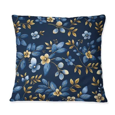 Design Art Blue Gold Traditional Floral Wreath Gardens I - Traditional Throw Pillow In Blue;gold
