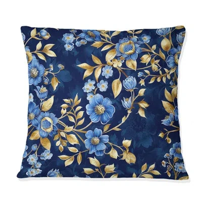 Design Art Blue Gold Traditional Floral Wreath Gardens Ii - Traditional Throw Pillow In Blue;gold