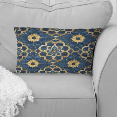 Design Art Blue Gold Traditional Flower Mosaic Beauty I - Traditional Lumbar Pillow In Blue;gold