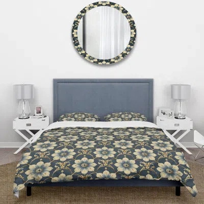 Design Art Blue Gold Traditional Flower Mosaic Beauty Ii - Traditional Duvet Cover Set In Blue;gold