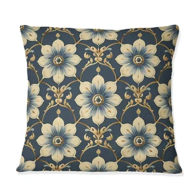 Design Art Blue Gold Traditional Flower Mosaic Beauty Ii - Traditional Throw Pillow In Blue;gold