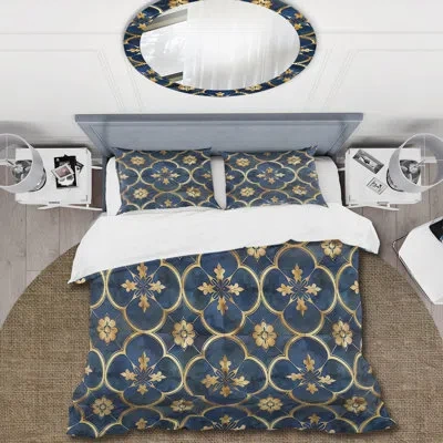 Design Art Blue Gold Traditional Mosaic Beauty - Traditional Duvet Cover Set In Blue;gold