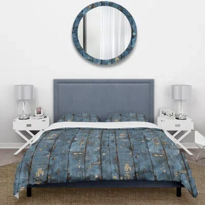 Design Art Blue Gold Weathered Wood I - Farmhouse Duvet Cover Set In Blue;gold