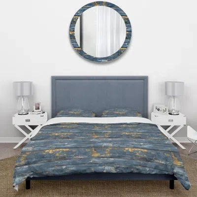 Design Art Blue Gold Weathered Wood Iii - Farmhouse Duvet Cover Set In Blue;gold