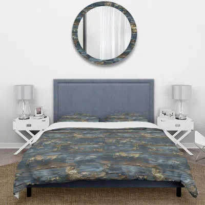 Design Art Blue Gold Weathered Wood Iv - Farmhouse Duvet Cover Set In Blue;gold