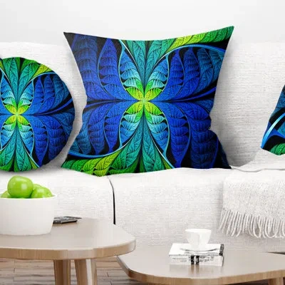 Design Art Blue Green Fractal Stained Glass - Abstract Printed Pillow In Blue;green