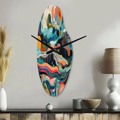 Design Art Blue Green Minimalism Explosion - Minimalism Asymmetrical Metal Wall Clock, Blue Curved Clock Print In Blue;green