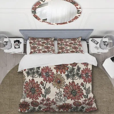 Design Art Blue Grunge Flowers - Floral Duvet Cover Set - Microfiber Polyester In Cream,red