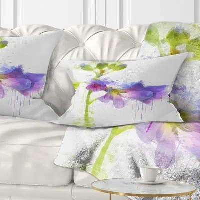 Design Art Blue Hand Drawn Eustoma Watercolor - Floral Printed Throw Pillow