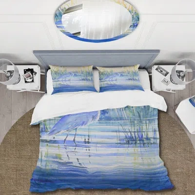 Design Art Blue Heron On The Lake Shore At Sunset - Traditional Duvet Cover Set - Microfiber Polyester
