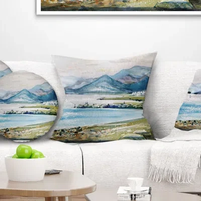 Design Art Blue Hills Over Sea - Landscape Printed Pillow In Blue;green