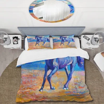 Design Art Blue Horse Galloping Over The Prairie - Farmhouse Duvet Cover Set - Microfiber Polyester In Blue,orange