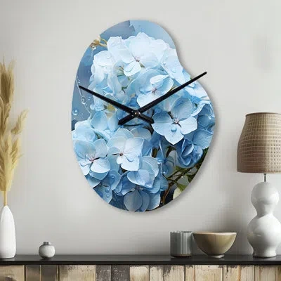Design Art Blue Hydrangea Subtle Serenade - Unique Shape Hydrangea Metal Wall Clocks, Asymmetrical Wall Clock P