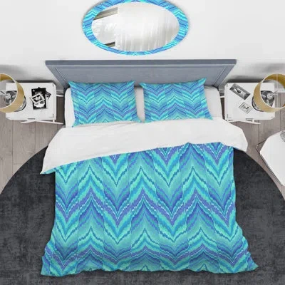 Design Art Blue Ikat Ogee - Abstract Duvet Cover Set - Microfiber Polyester In Blue,purple