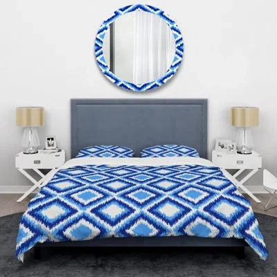Design Art Blue Ikat Ogee - Abstract Duvet Cover Set - Microfiber Polyester In Blue,white