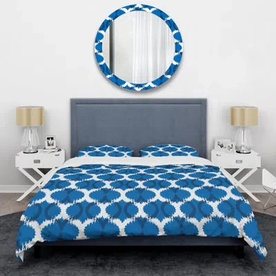 Design Art Blue Ikat Ogee - Abstract Duvet Cover Set - Microfiber Polyester In Blue,white