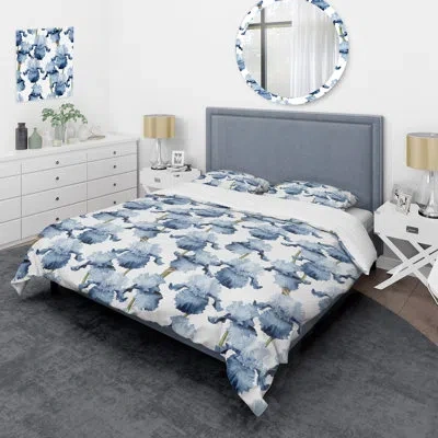 Design Art Blue Iris Flowers - Cabin & Lodge Duvet Cover Set In Blue,green