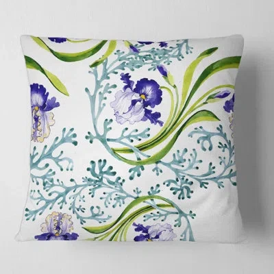 Design Art Blue Iris With Wild Spring Leaves - Traditional Printed Pillow In White;green