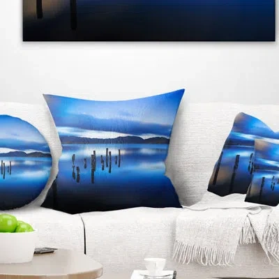 Design Art Blue Lake Sunset With Pier - Landscape Printed Pillow