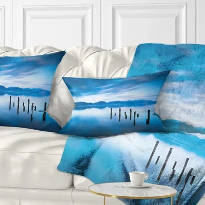 Design Art Blue Lake With Wooden Pier - Landscape Printed Throw Pillow