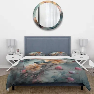 Design Art Blue Little Bird On Rose Tree Branch I - Bird Floral Duvet Cover Set - Microfiber Polyester In Blue;yellow