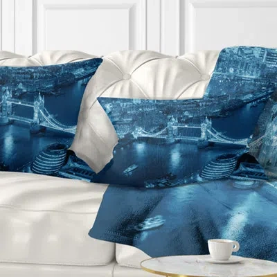Design Art Blue London Night Aerial View - Cityscape Printed Throw Pillow In Black;white
