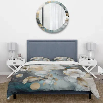 Design Art Blue Marble Gold Floral Impressions Ii - Floral Duvet Cover Set - Microfiber Polyester In Blue;gold