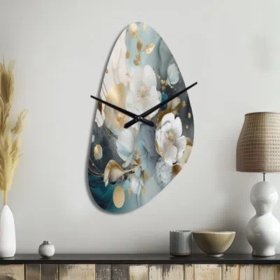 Design Art Blue Marble Gold Floral Impressions Ii - Floral Irregular Shape Metal Wall Clock, Traditional Asymme