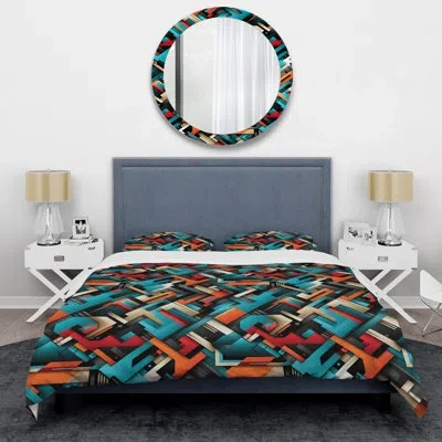 Design Art Blue Matrix Geometric Reflections I - Geometric Duvet Cover Set In Blue;red;orange