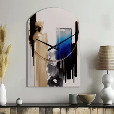 Design Art Blue Minimalist Abstract Ii - Minimalism Arch Metal Wall Clock, Modern Asymmetrical Wall Clock Print In Blue;gold
