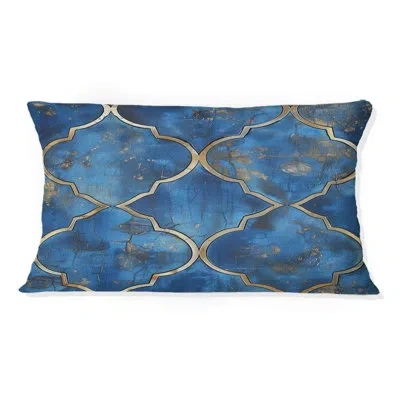 Design Art Blue  Modern Trellis V - Modern Lumbar Pillow In Blue;gold
