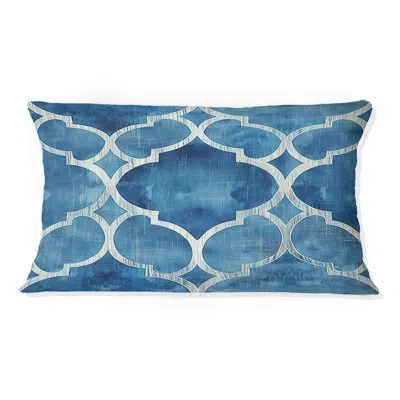 Design Art Blue  Modern Trellis Vii - Modern Lumbar Pillow In Blue;white