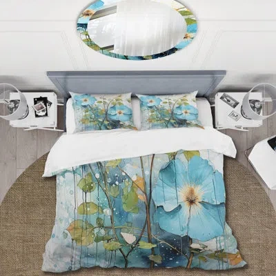 Design Art Blue Morning Glory Spring Awakening Ii - Morning Glory Duvet Cover Set In Blue;green