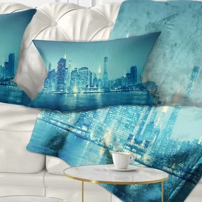 Design Art Blue New York At Night - Cityscape Printed Pillow