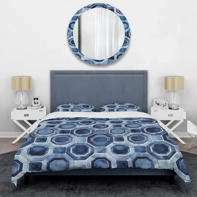 Design Art Blue Octagon Patten Ii - Modern Duvet Cover Set In Blue;white