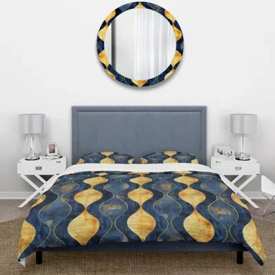 Design Art Blue Ogee Patterns X - Midcentury Duvet Cover Set In Blue;gold